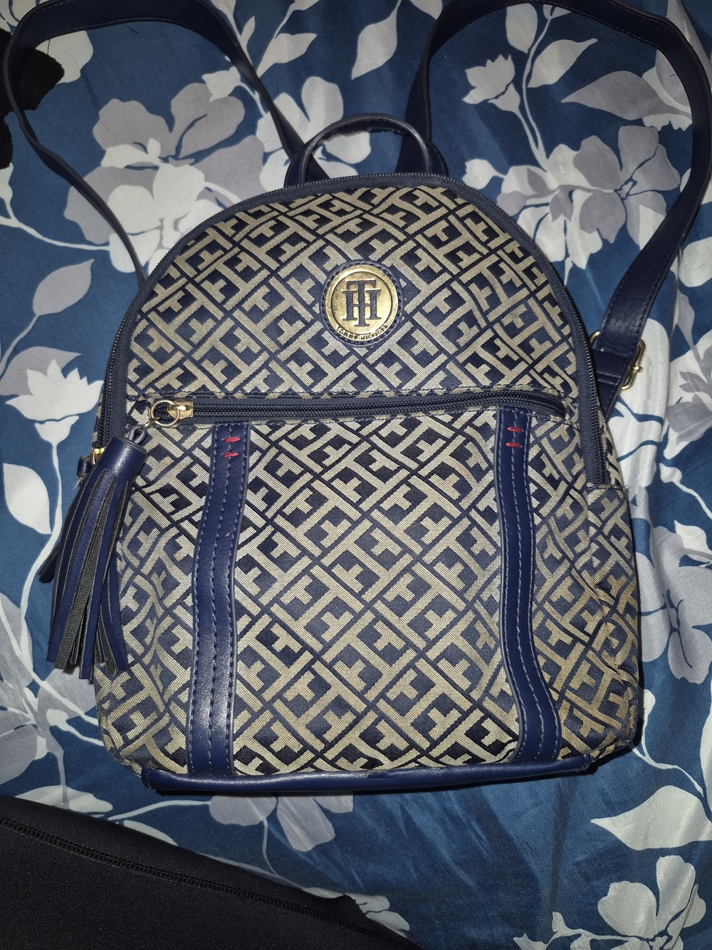 Tommy Hilfiger Navy and Beige Monogram Mini Backpack